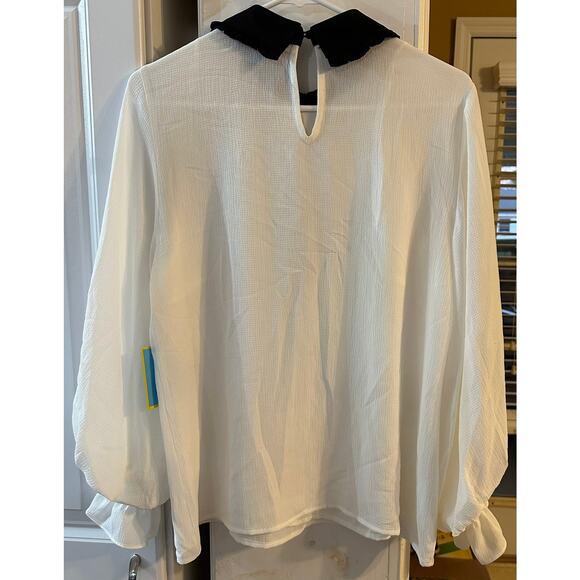 CeCe Women's White Flowy Black-Tie Collared Blouse with Bell Sleeves Medium - Picture 7 of 7